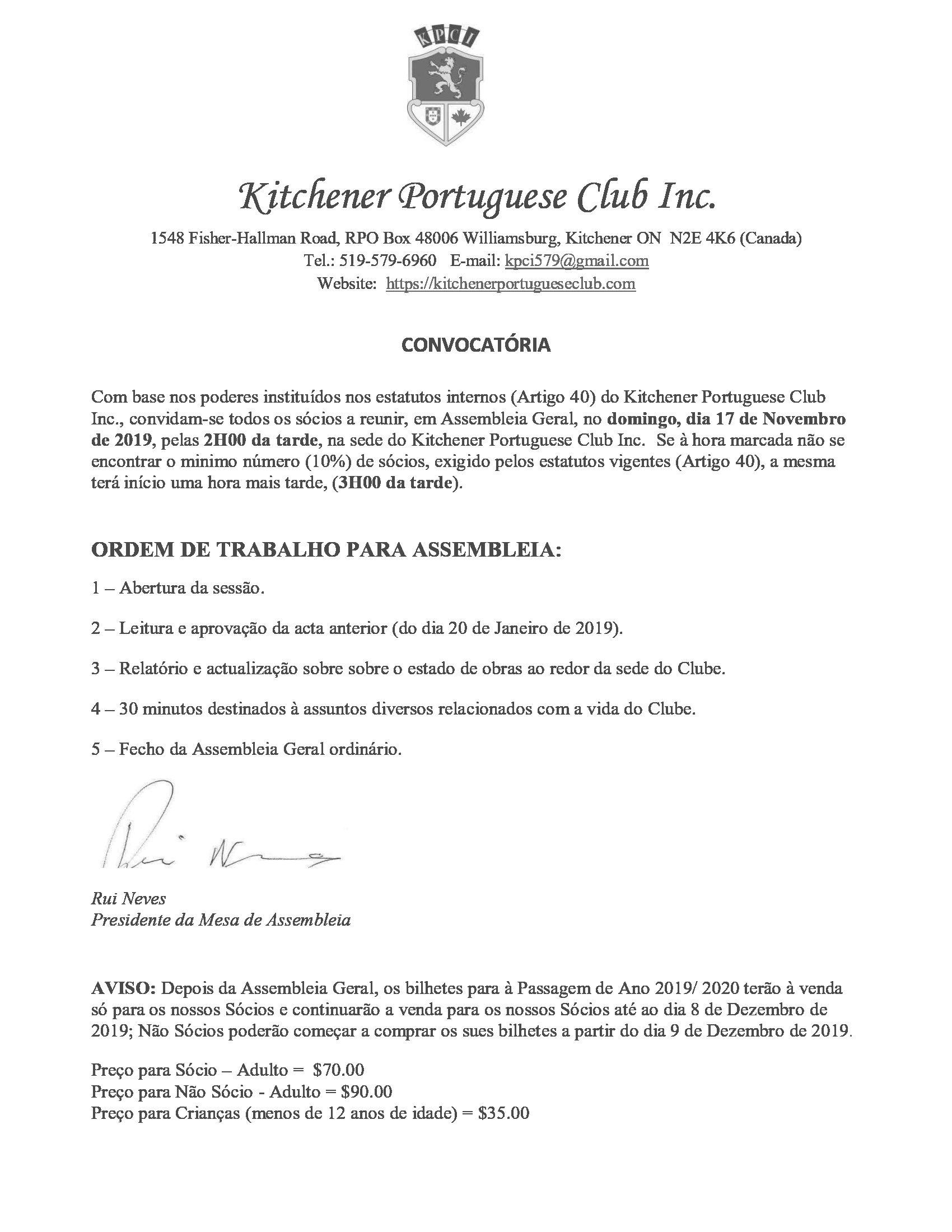 Assembleia Geral – 17 De Novembro 2019