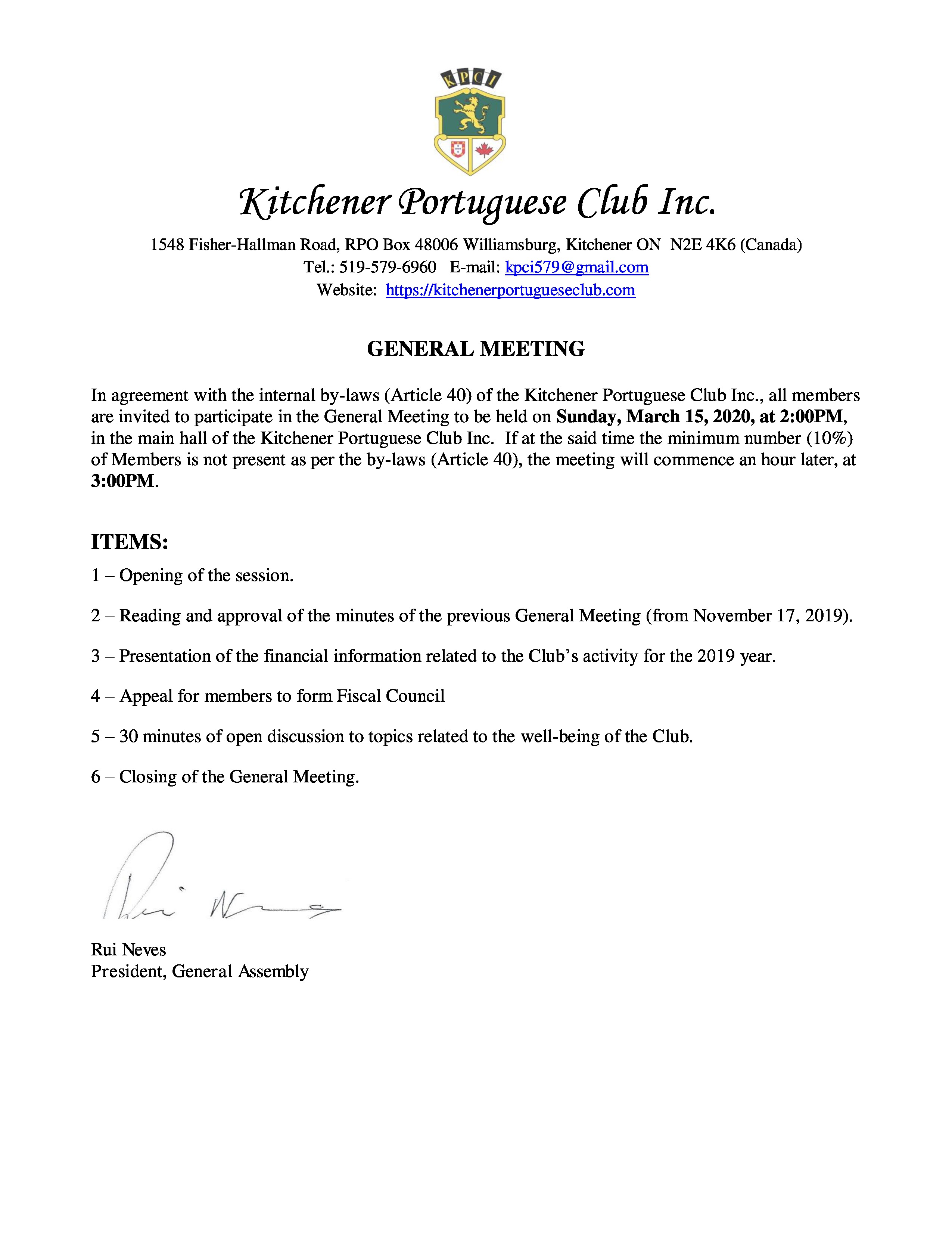 Convocation - General Assembly - Sun. Mar. 15th, 2020