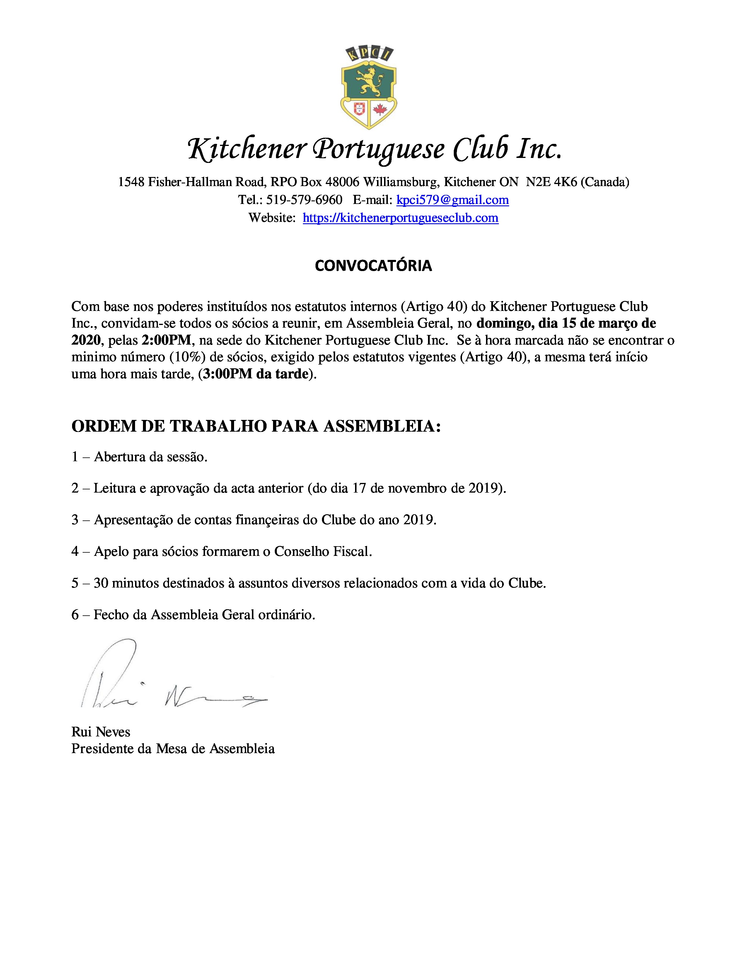 Convocatoria - Assembleia Geral - Dom. Mar. 15, 2020